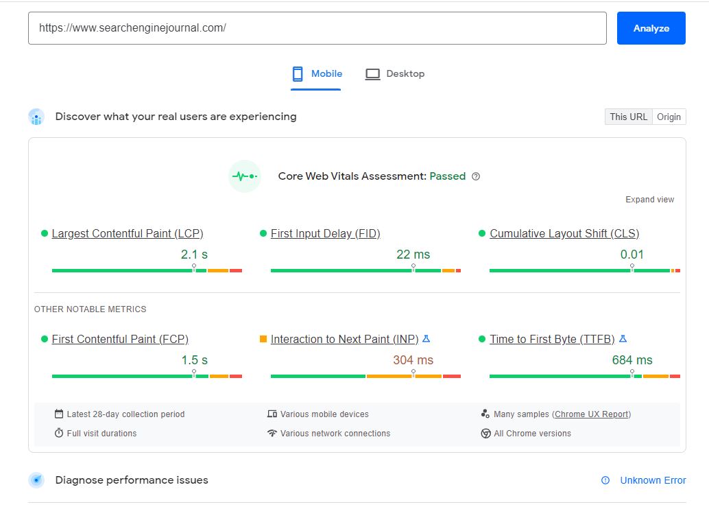 Search Engine Journal PageSpeed Insights