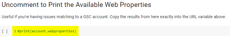 Google Collab Cell to View the Available Search Console Accounts
