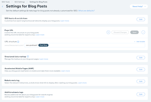 Wix SEO Settings Blog Options 
