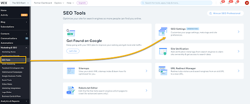 SEO Settings Wix Dashboard 