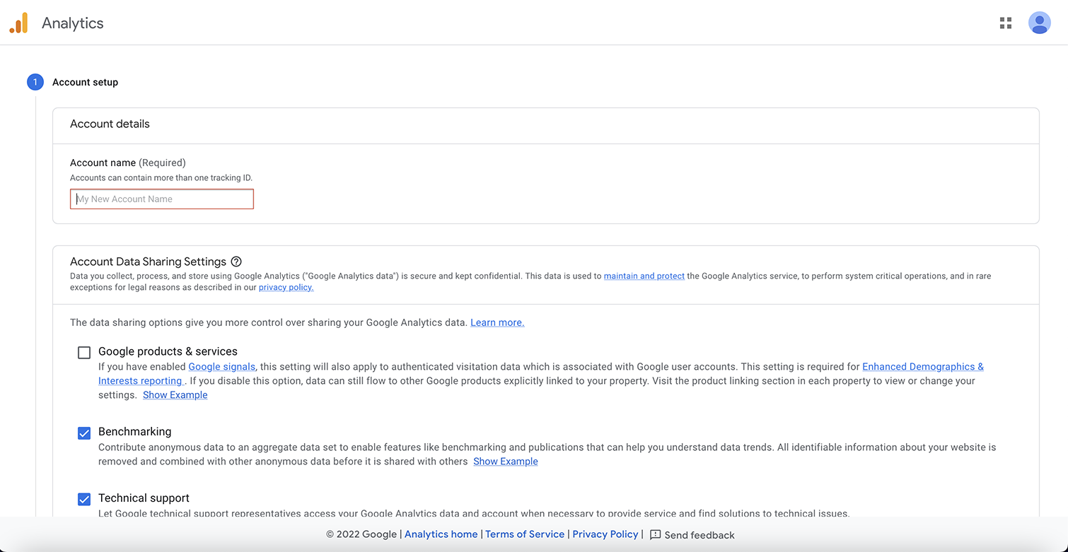 Google Analytics account setup screen