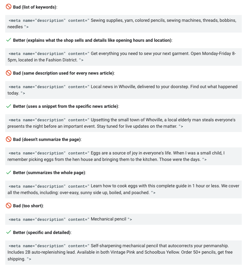 good vs. bad meta descriptions from Google's page on meta descriptions