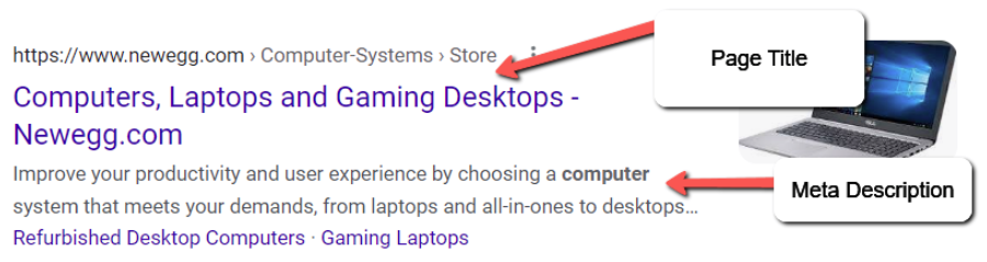 Screenshot of an example meta description in Google SERPs for "computers".