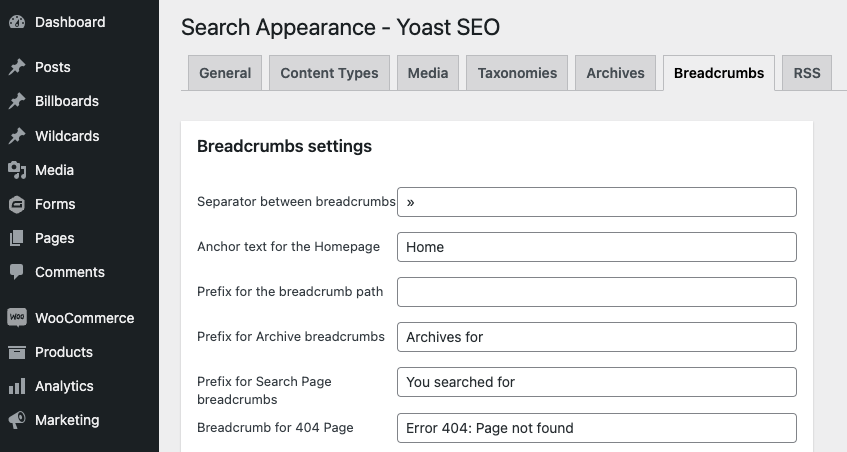 Yoast Breadcrumb Settings