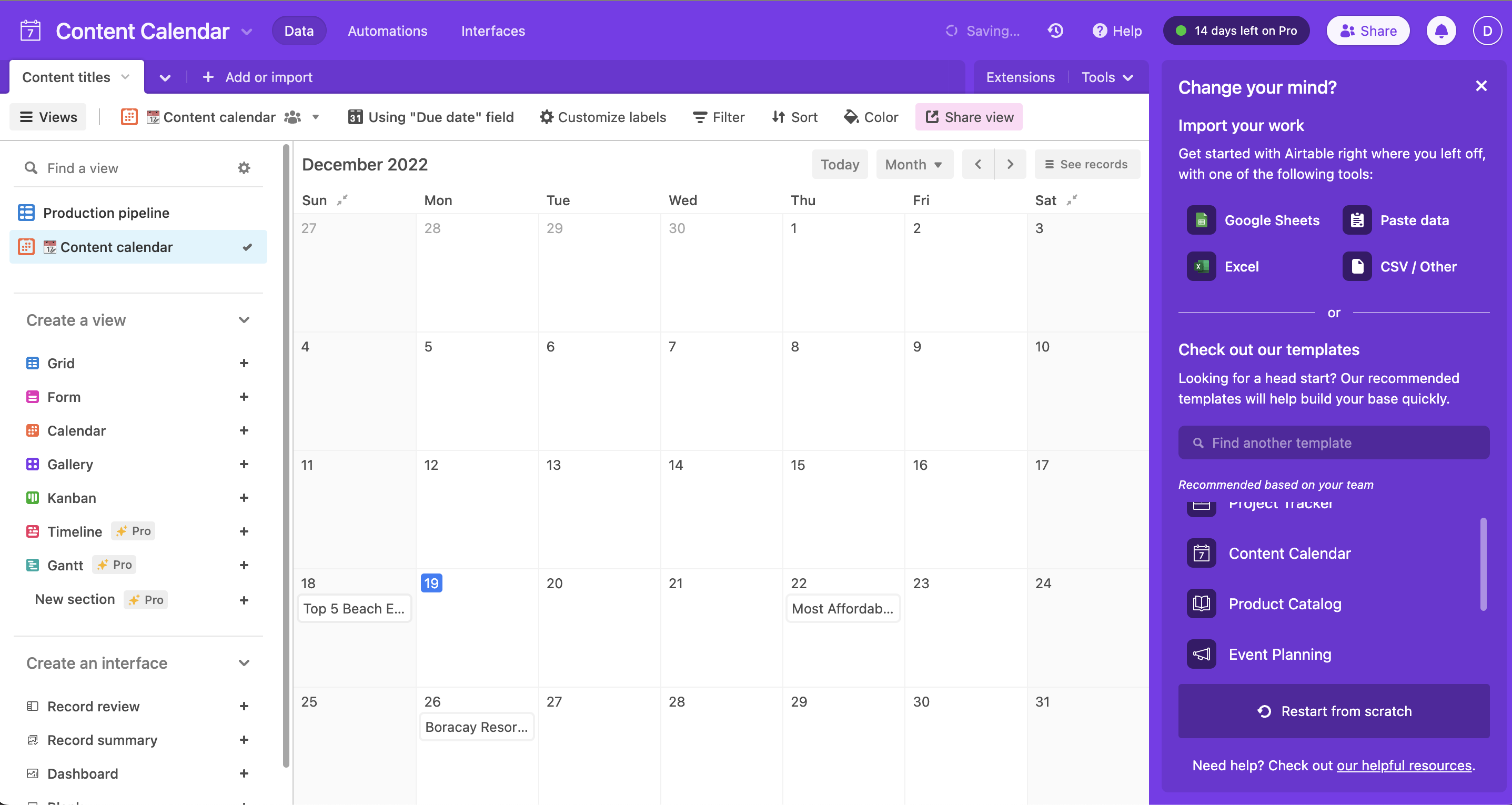 Airtable content calendar