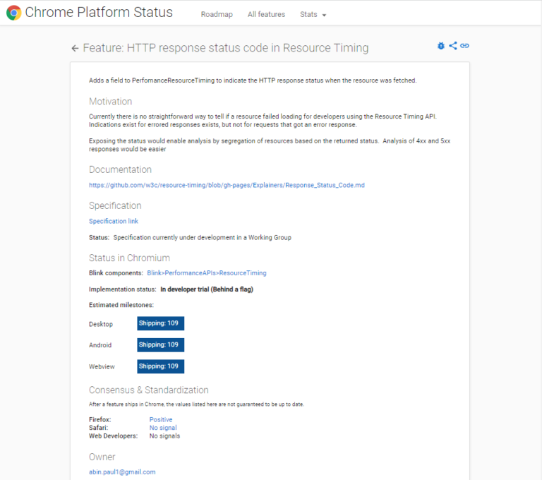 Chromestatus http response status code in resource timing feature