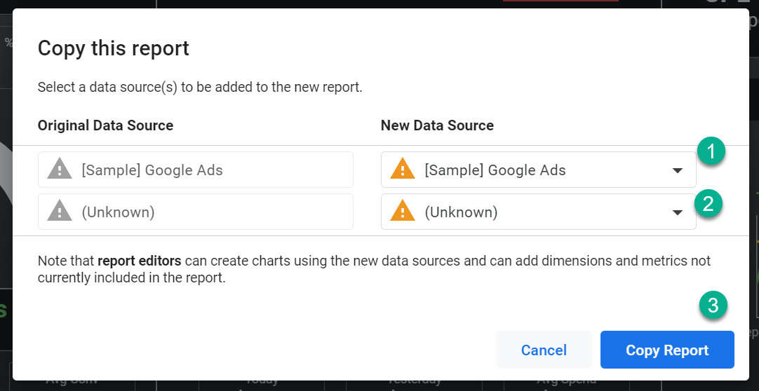 Image of Looker Studio prompt to copy report