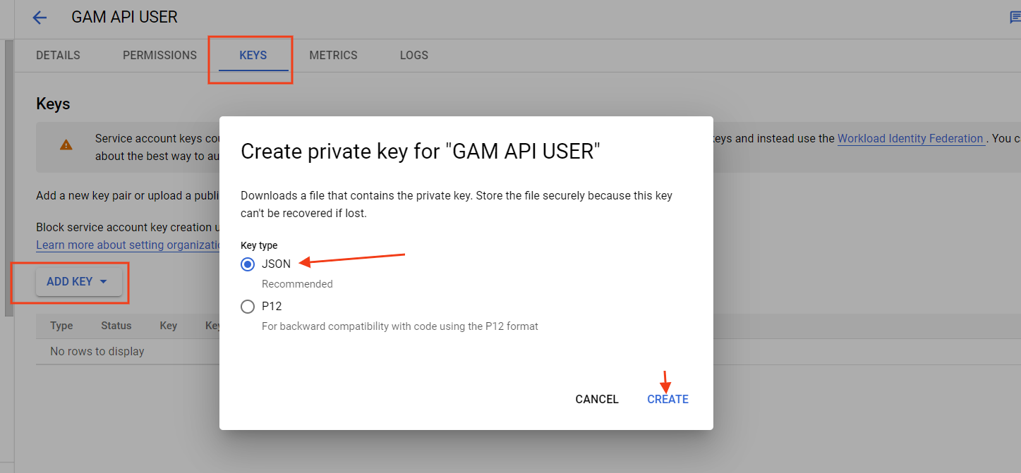 Service account JSON key