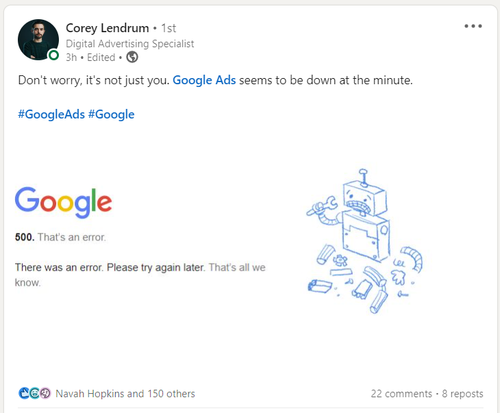 Advertisers react to Google Ads being down.