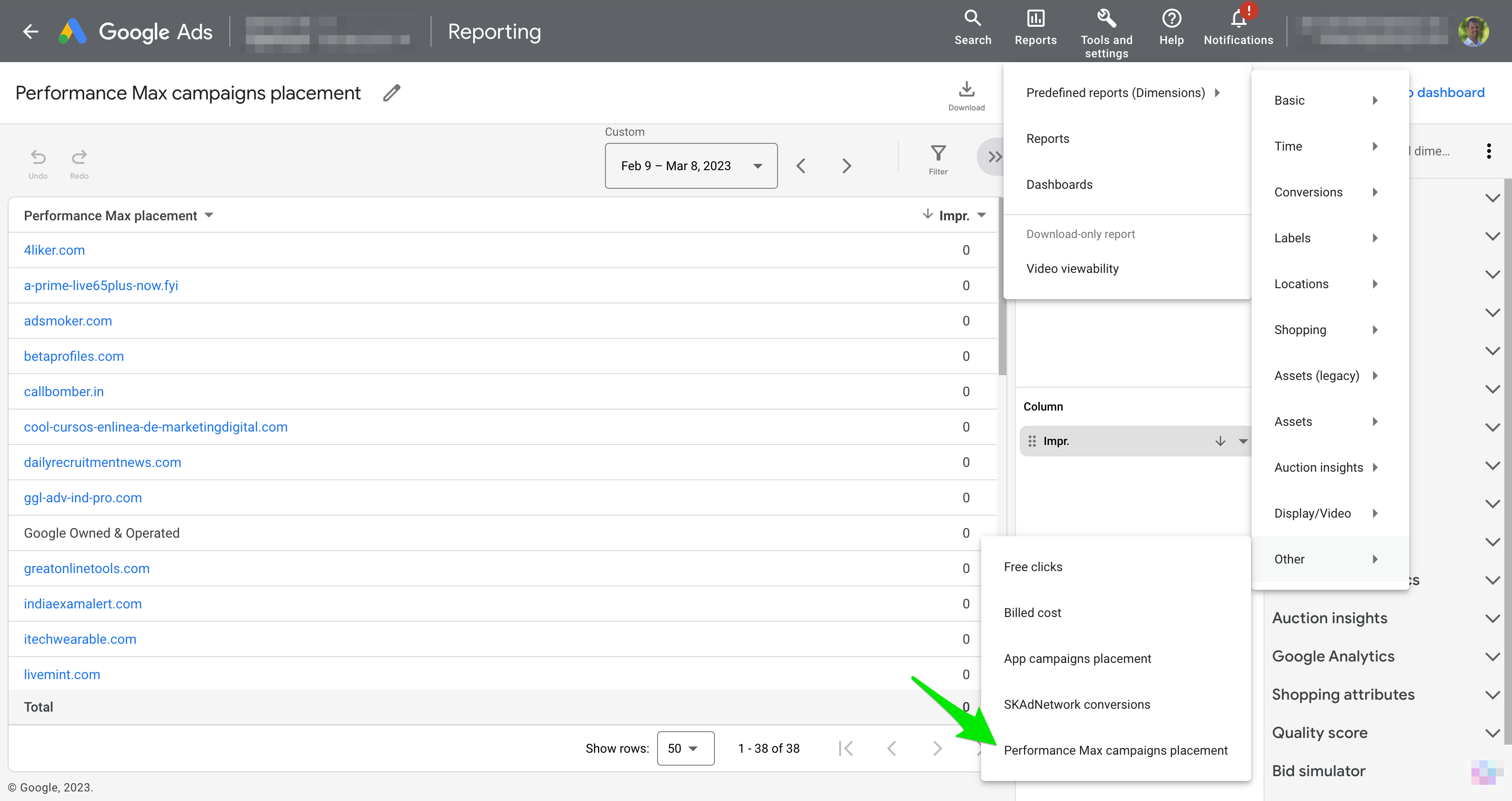 image of reports in Google Ads showing what placements performance max ads appear on